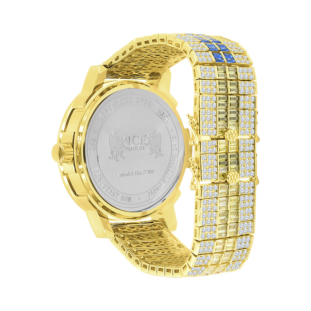Pre-owned Ice House Genuine Diamond Men's Yellow Gold Tone Baguette Rainbow Multi Dial Custom Watch