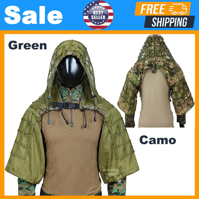 Sniper Ghillie Suit Tactical Viper Hood Top Hunting Airsoft Adjustable Green Cam