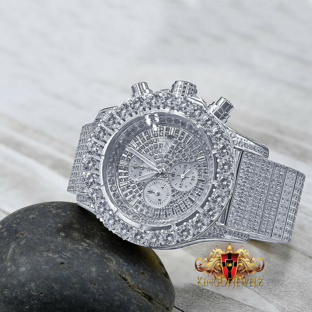Pre-owned Blingmaster Solid Stainless Steel White Gold Tone Simulated Diamond 10 Row Band Watch 48mm
