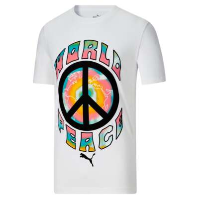 

Puma World Peace Graphic Crew Neck Футболка с коротким рукавом Мужские белые повседневные топы 6, Белый, Puma World Peace Graphic Crew Neck Short Sleeve T-Shirt