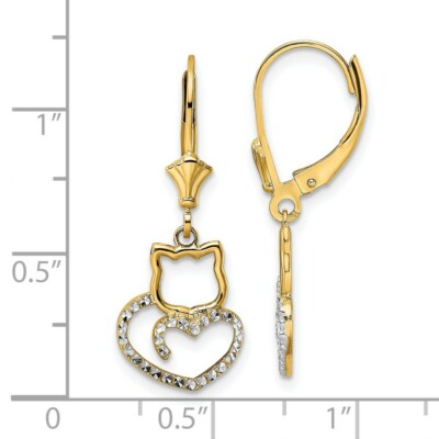 Pre-owned Superdealsforeverything Real 14kt & White Rhodium Diamond Cut Cat Heart Leverback Earrings