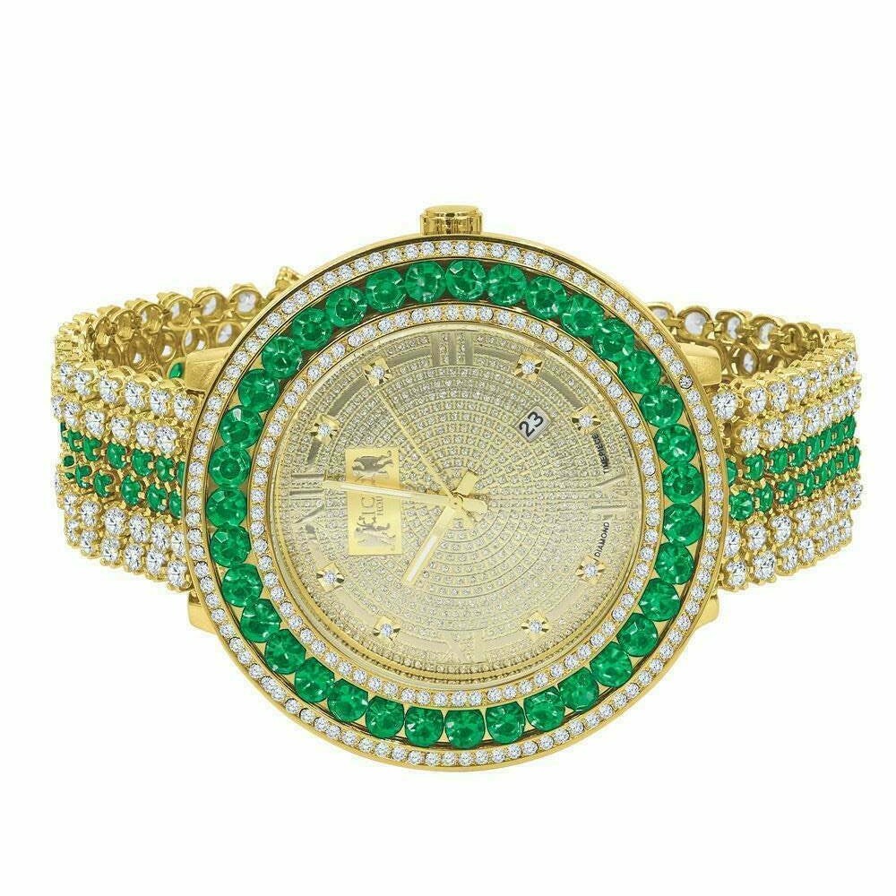 Pre-owned Ice House Men's Custom Big Face Xxl Multi Cz Green & White Remove Able Bezel Wrist Watch