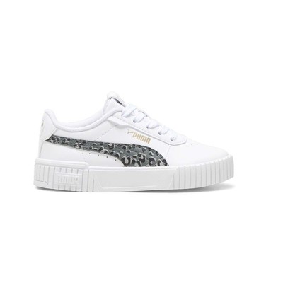 Puma Carina 2.0 Белые кроссовки на шнуровке для маленьких девочек с принтом животных, повседневная обувь