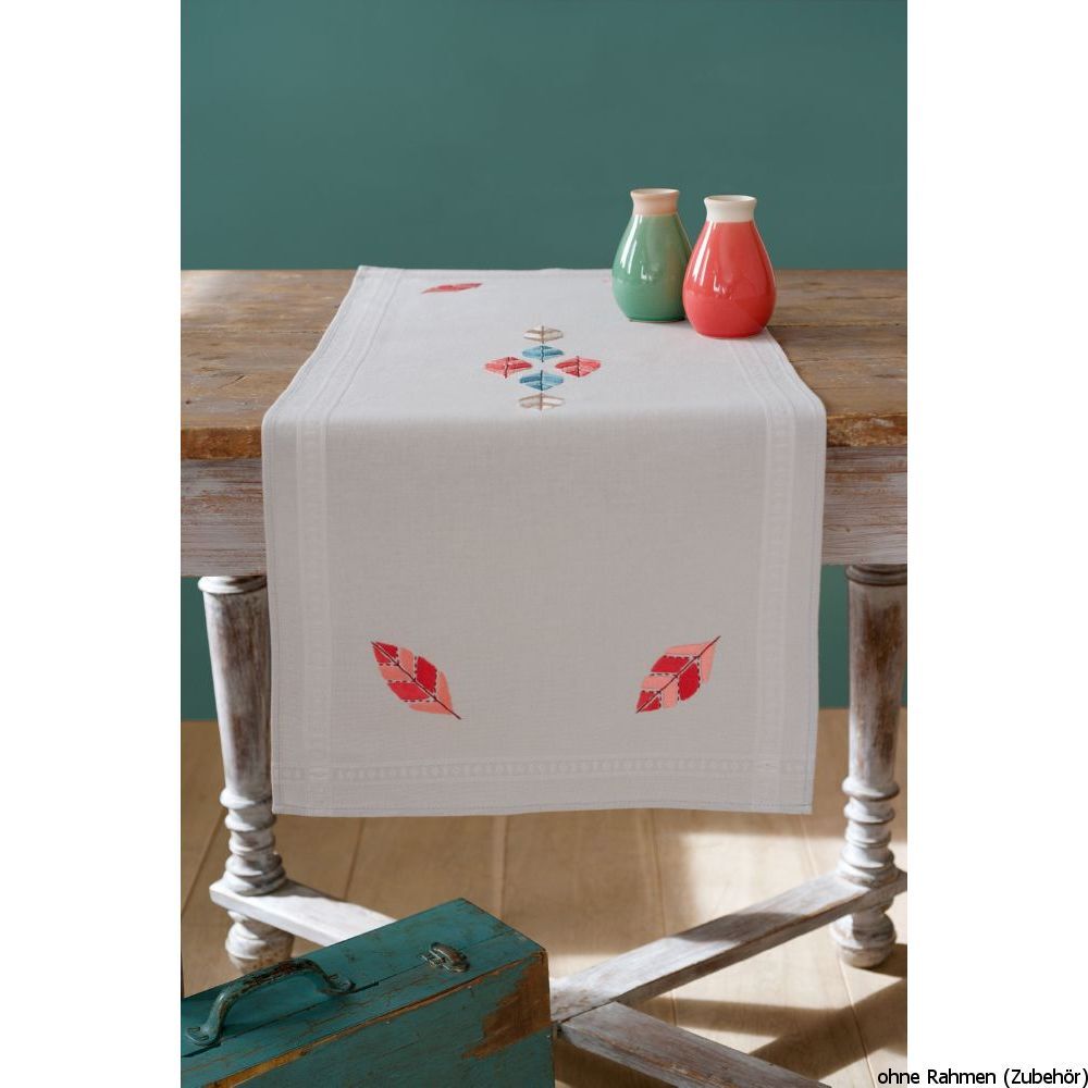 Vervaco table runner stitch embroidery kit Feathers, stamped, DIY