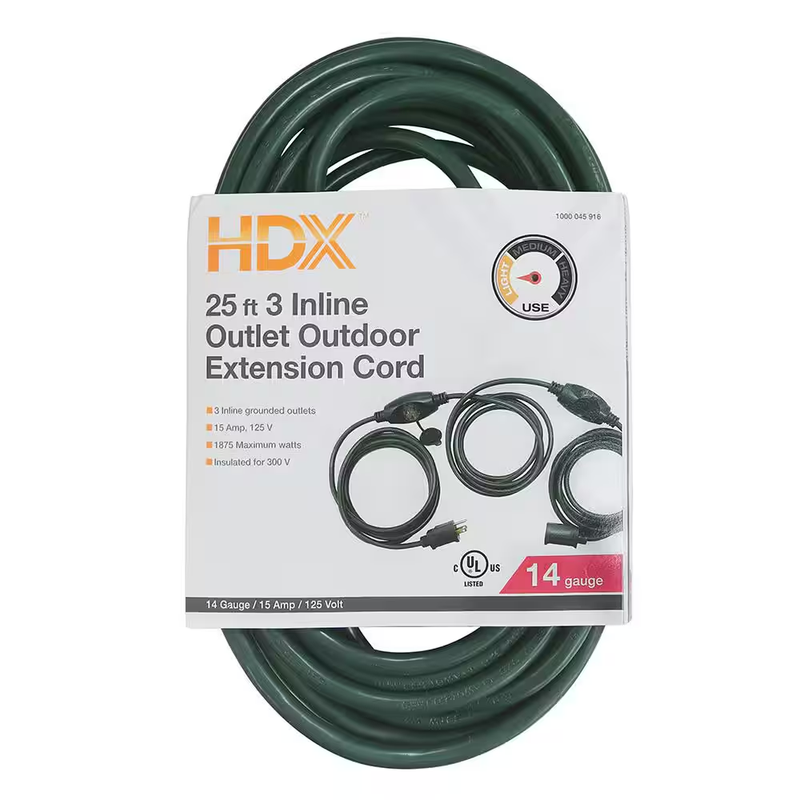 HDX Extension Cord 25 Ft 14/3 Gauge Outdoor Indoor 3 Outlet 15 Amp 125V SJTW