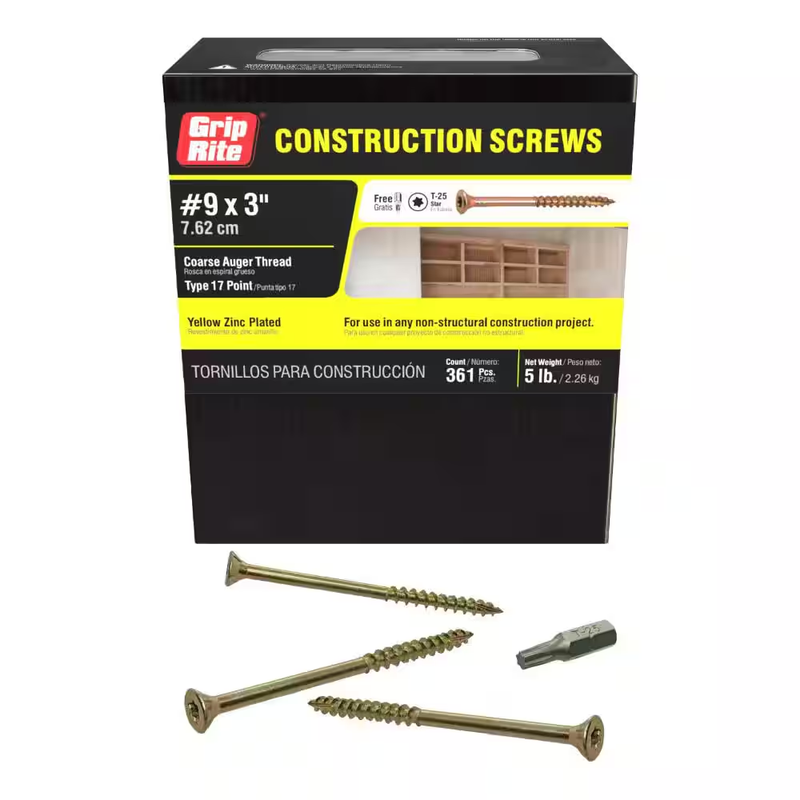 Grip Rite #9 x 3 in Construction Screws Star Drive Coarse Thread 5 Lb Box 361Ct