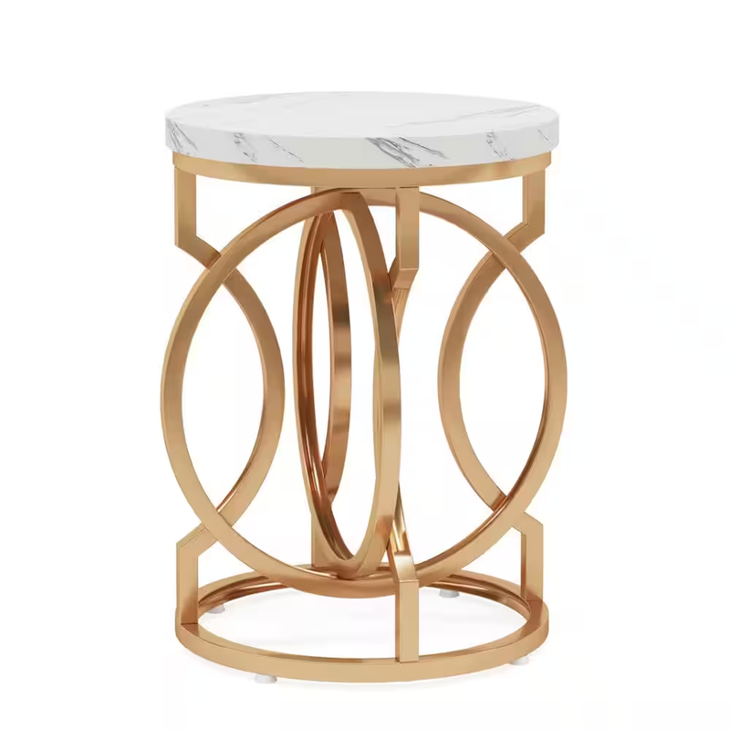 Round Side Table End Table Faux Marble Top Gold Metal Frame Nightstand Accent