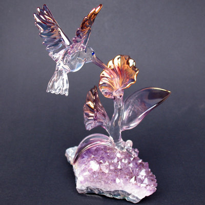 Hummingbird Figurine Sculpture Hand Blown Glass Crystal 24k Gold