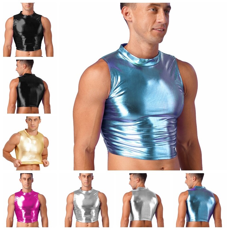 Mens Tank Tops Half Tank Top Metallic Shirt Faux Leather
