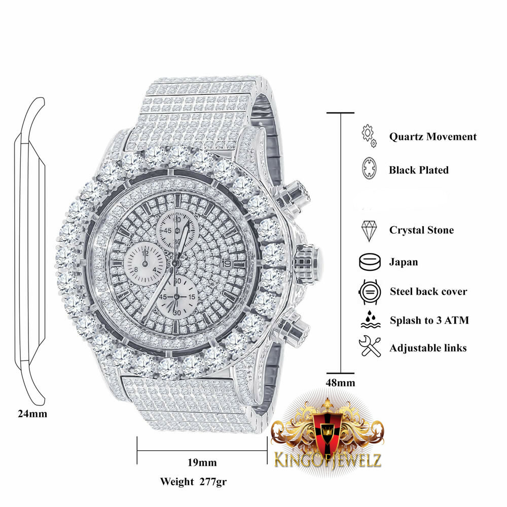 Pre-owned Blingmaster Solid Stainless Steel White Gold Tone Simulated Diamond 10 Row Band Watch 48mm