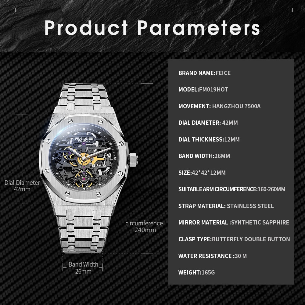 Pre-owned Feice Men's Automatic Mechanical Watch Skeleton Hollow Out Sapphire Glass Sports Watch