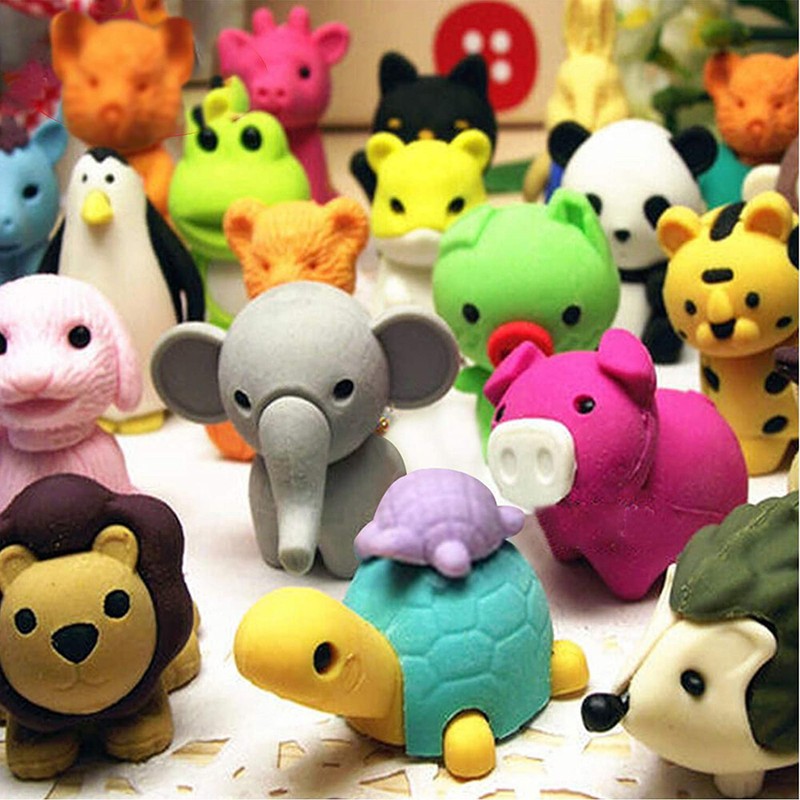 10Pcs Cute Animal Shaped Eraser Cartoon Design Eraser Stationery