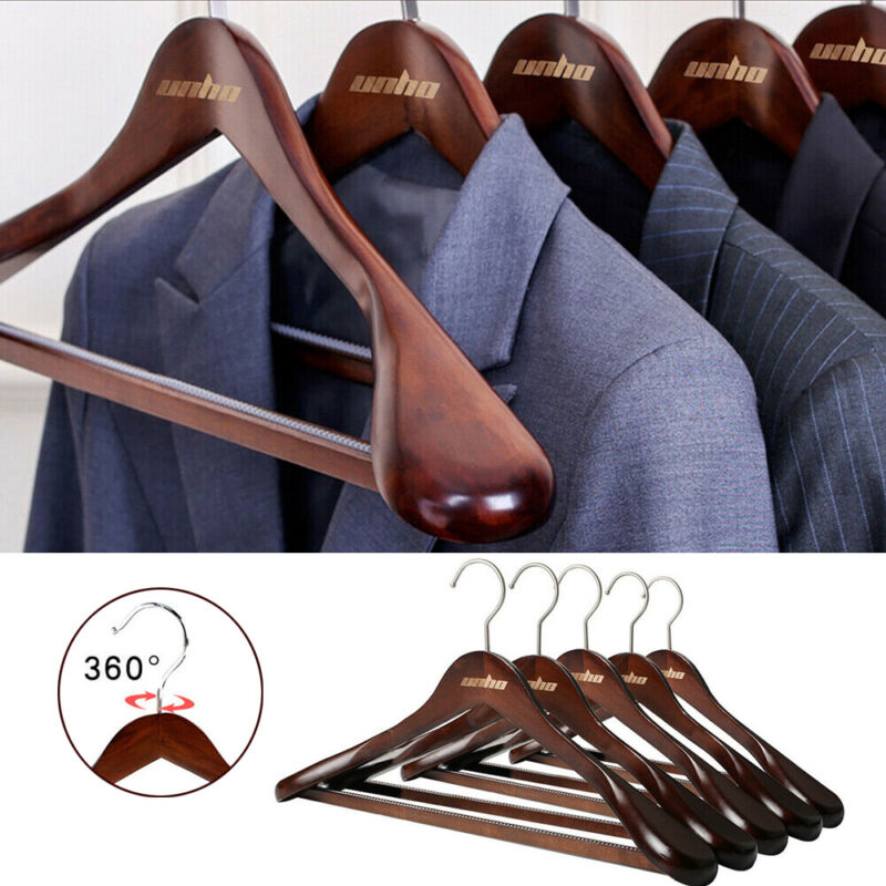 5pcs 18" Wide Thick Wood Suit Hanger Non Slip Pant Bar Heavy Clothes Coat Hanger