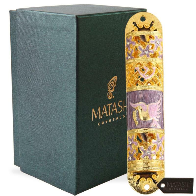 Matashi Hand Painted Enamel Mezuzah Embellished w a Floral Design w Gold Accents