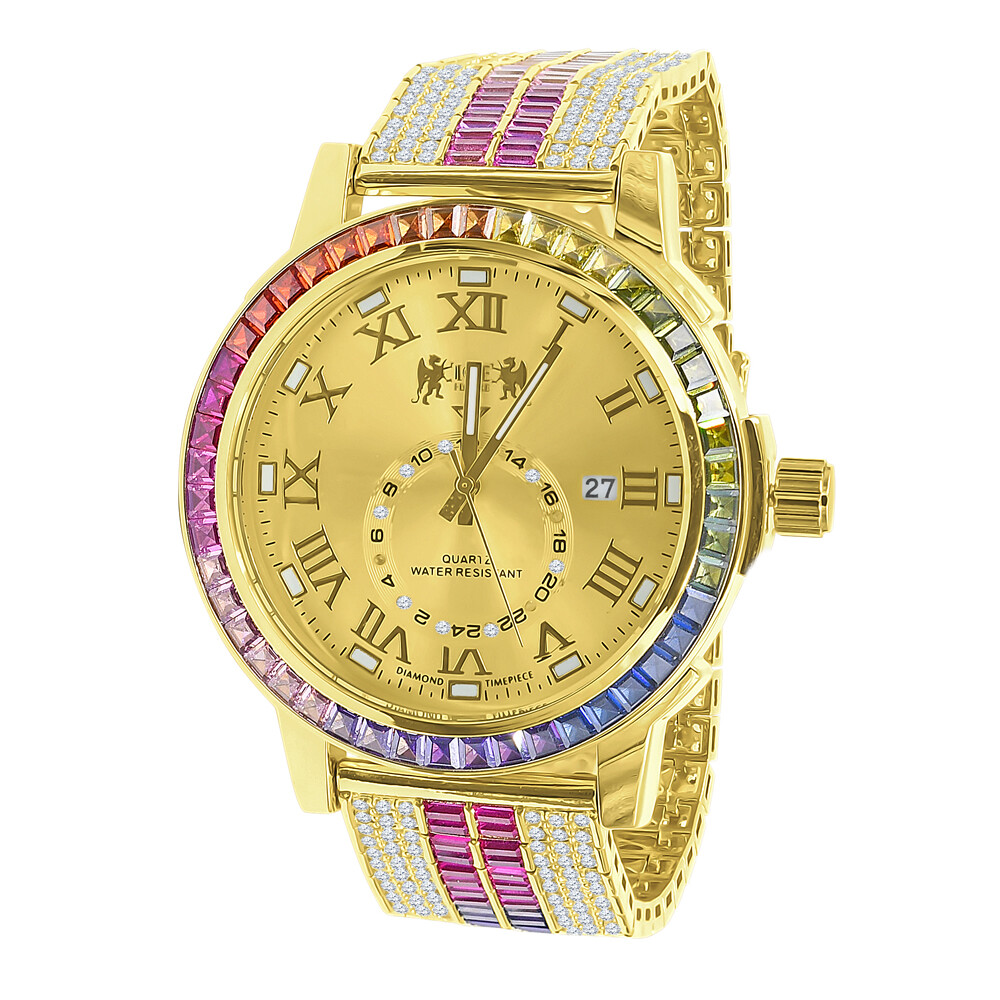 Pre-owned Ice House Genuine Diamond Men's Yellow Gold Tone Baguette Rainbow Multi Dial Custom Watch
