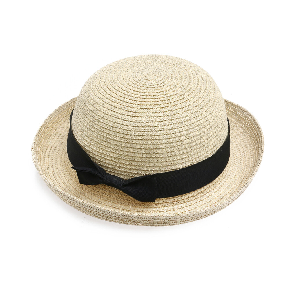 Women Bowknot Roll-up Hat Wide Brim Dome Straw Summer Sun