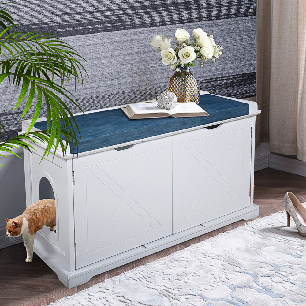 Pet Kitty Cat Washroom Storage Bench Enclosure House Furniture W