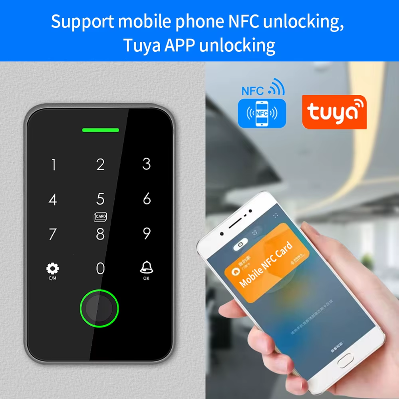 NFC Bluetooth Tuya APP Backlight Touch 125Khz+13.56Mhz IC RFID Card Access Contr