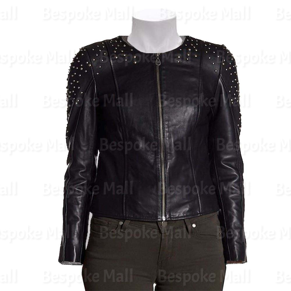 Pre-owned Handmade Women Black Huff Silver Studded Brando Cowhide Motorbike Leather Jacket-237
