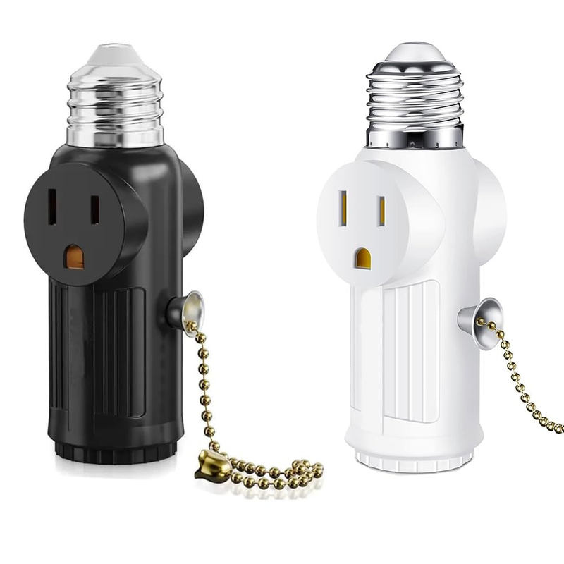 2 Pack 3 Prong Light Socket to Plug Adapter with Pull Chain,E26/E27 Light Socket
