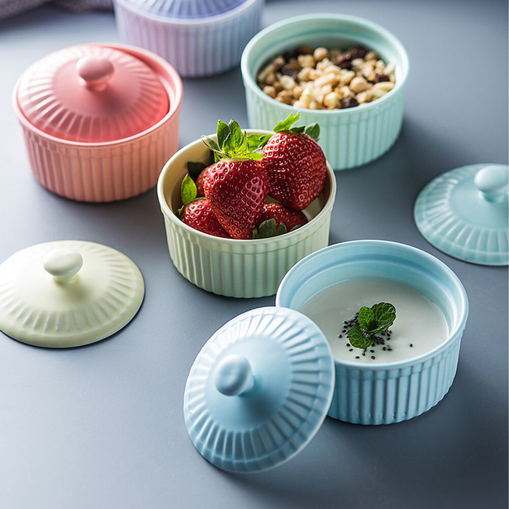 Ceramic Pudding Bowl with Lid Dessert Bowls Small Soup Bowl for