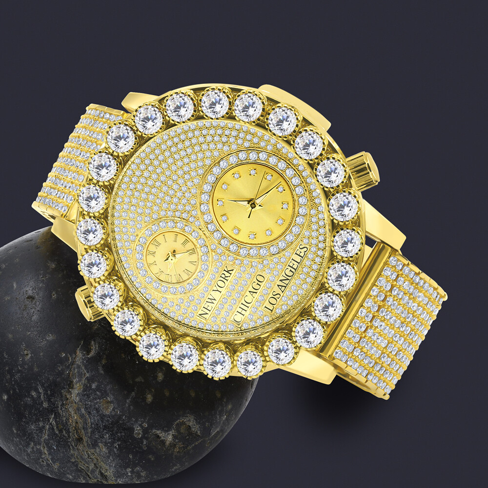 Pre-owned Ice Master Real Diamond Men's Gold Tone Prong Set Dial 2 Workin Time Zone Chronograph Watch