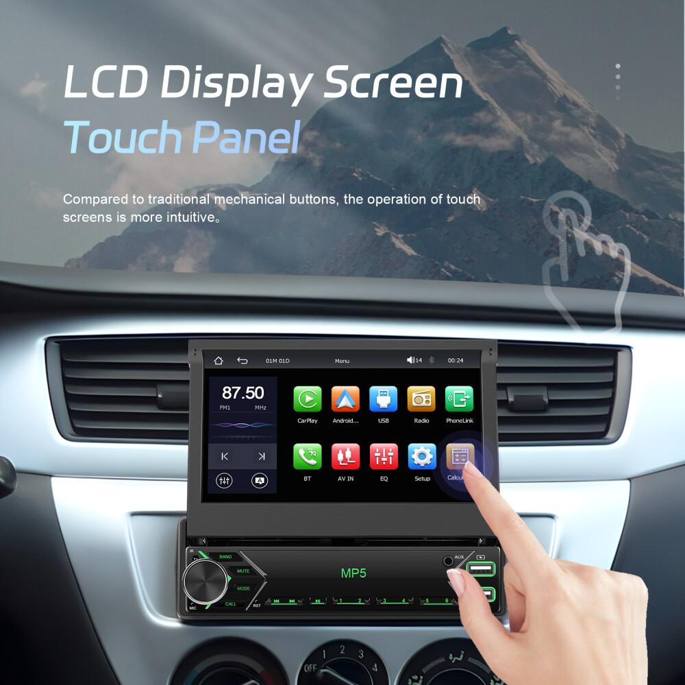 Single 1DIN 7" Car Stereo Radio Apple Carplay Android Auto GPS Flip Out Screen