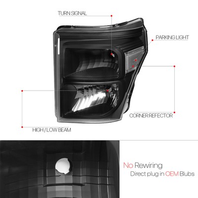 Black Housing Clear Corner Headlight Lamps for 11-16 Ford F250-F550 Super Duty