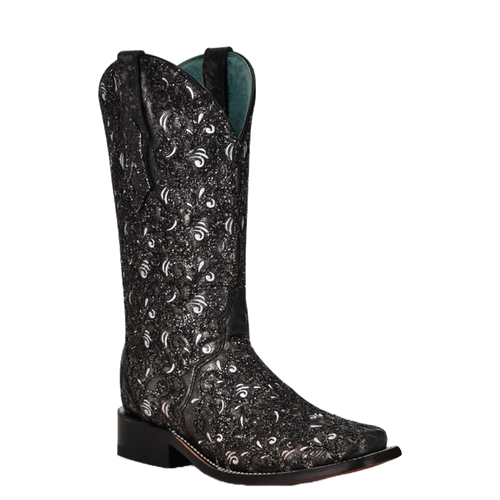 Pre-owned Corral Boots Corral Ladies Glitter Overlay & Embroidery Square Toe Black Boot C4061