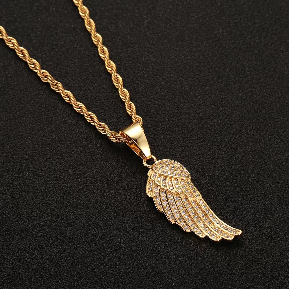 Mens Womens Gold CZ Angel Wing Pendant Necklace Punk Rock