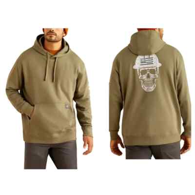 Ariat Men's Rebar All Weather Olive & Roughneck Skull Logo Work Hoodie full size