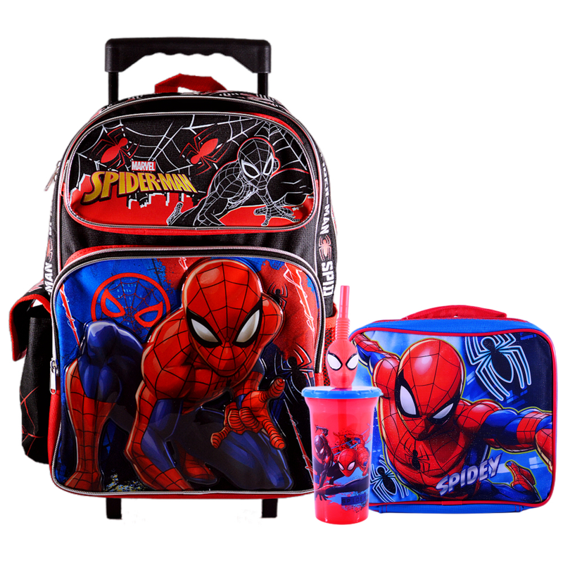 Spiderman Kids 16" Rolling Backpack School Bag On Wheels With Lunch Box For Boy