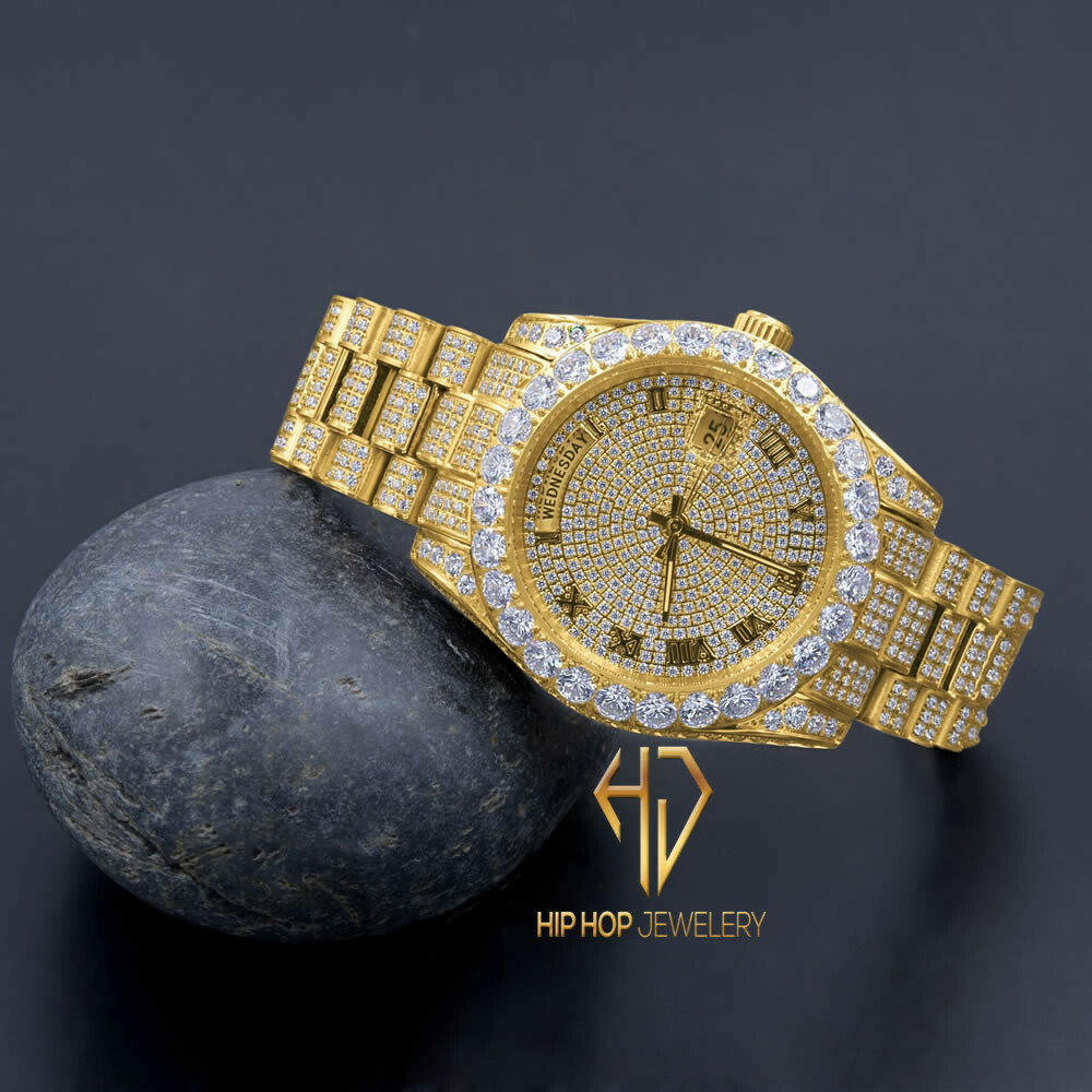 Pre-owned Bling Master 18k Yellow Gold Finish Solid Stainless Steel Day Date Roman Dial Solitaire Bezel