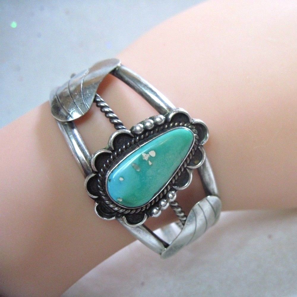 Vintage Silver Turquoise Cuff Bracelet - Sterling Silver - For Small Wrist