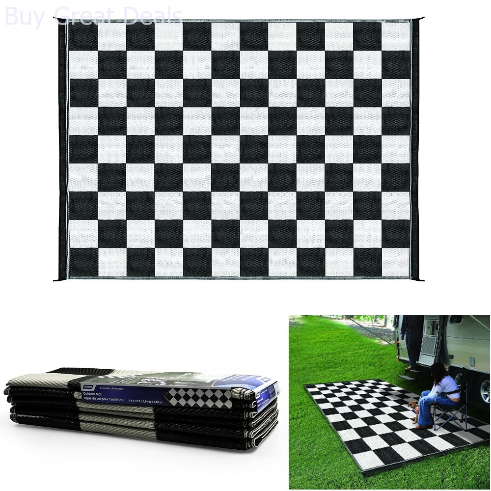 Reversible Mat Outdoor RV Trailer Camping Patio White Black Checkered 9