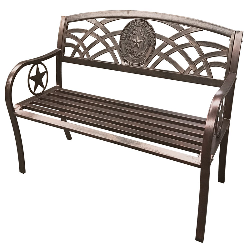 Leigh Country Outdoor Bench With Texas State Seal Metal Bronze Patio Chairs USA