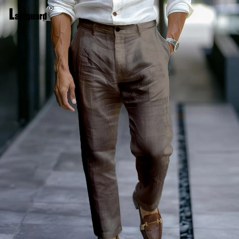 2025 Men'S Stand Pocket Linen Beach Pants Solid White Trouser plus Size Mens Cas