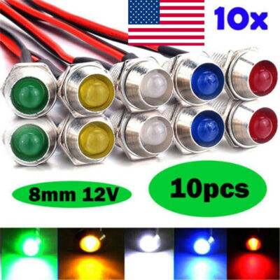 10Pcs 12V 8mm LED Indicator Light Lamps Bulb Pilot Dash Panel Car Truck Boat US