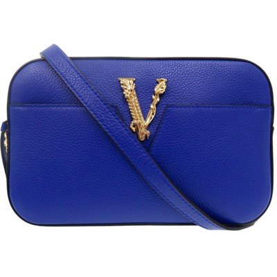 AUTHENTIC VERSACE Virtus Chain Shoulder Bag Pouch Metal Icon Leather blue