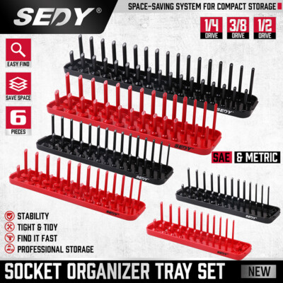 6pc Socket Organizer Tray Set Hold 90 Metric 80 SAE Socket 1/4'' 3/8'' 1/2'' Drive