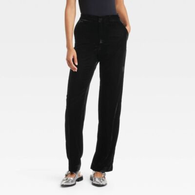 Womens High-Rise Straight Leg Velvet Trousers - A New Day Black 12