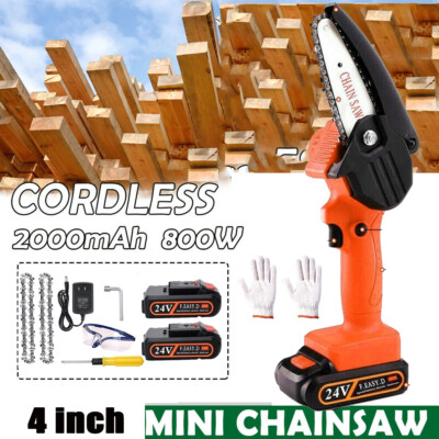 4'' Cordless Mini Electric Chainsaw Handheld 2*2500mAh Battery Power Wood Cutter