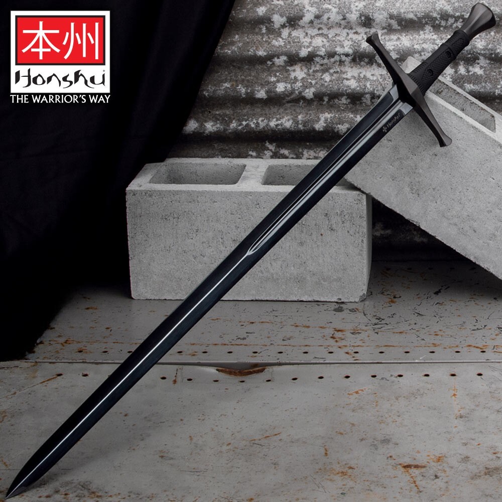 HONSHU Midnight Forge Broadsword & Scabbard, 43 1/2" Length, Leather Belt Hanger