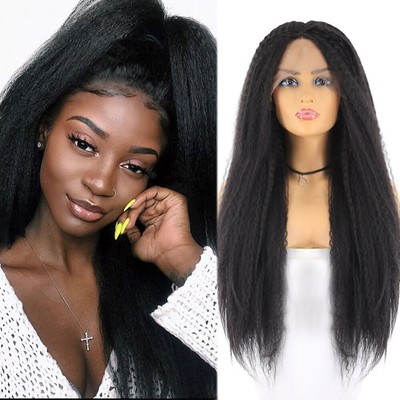 Black Women Long Kinky Straight Soft Fluffy Natural Synthetic Lace Daily Wigs