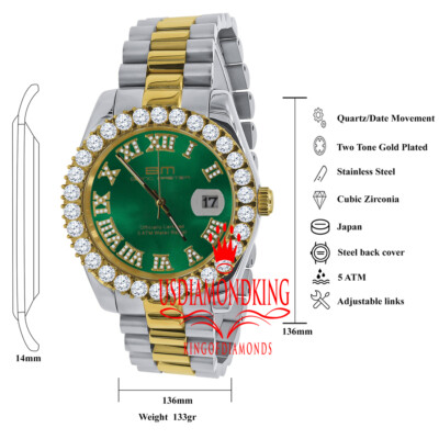 Pre-owned Bling Master 18k 2 Tone Gold Solid Steel Green Dial Simulated Diamond Presidential Mens Watch