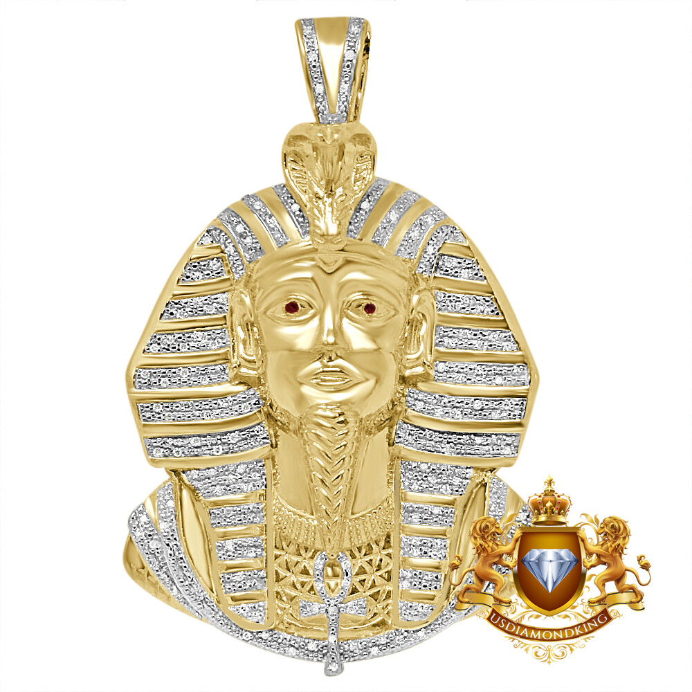 Pre-owned Us Diamond King Men's Real Diamond Egyptian King Tut Pharaoh Charm 10k Gold On Pendent Big 2.5'' In Yellow Gold Finish