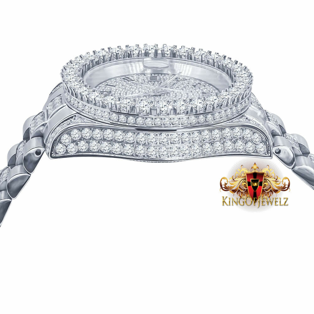 Pre-owned Blingmaster Men's White Gold Tone Stainless Steel Presidential Watch 41 Mm Simulated Diamond