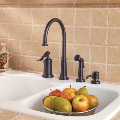 Single Handle Kitchen Faucet Standard Side Sprayer Soap Dispenser Bronze Indoor