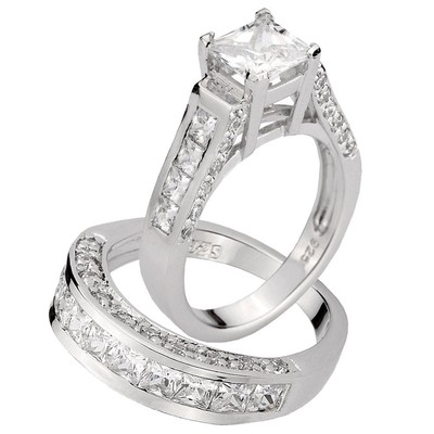 4.8CT Sterling Silver 925 Princess Cut CZ Cubic Zirconia Women's Sets Ring