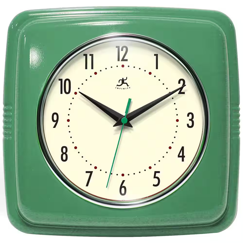 Infinity Instruments Wall Clock 9.25 in Square Retro Green Silent Quartz Vintage